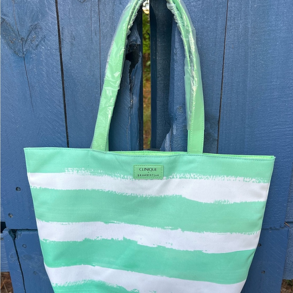 Clinique Green and White Striped Tote